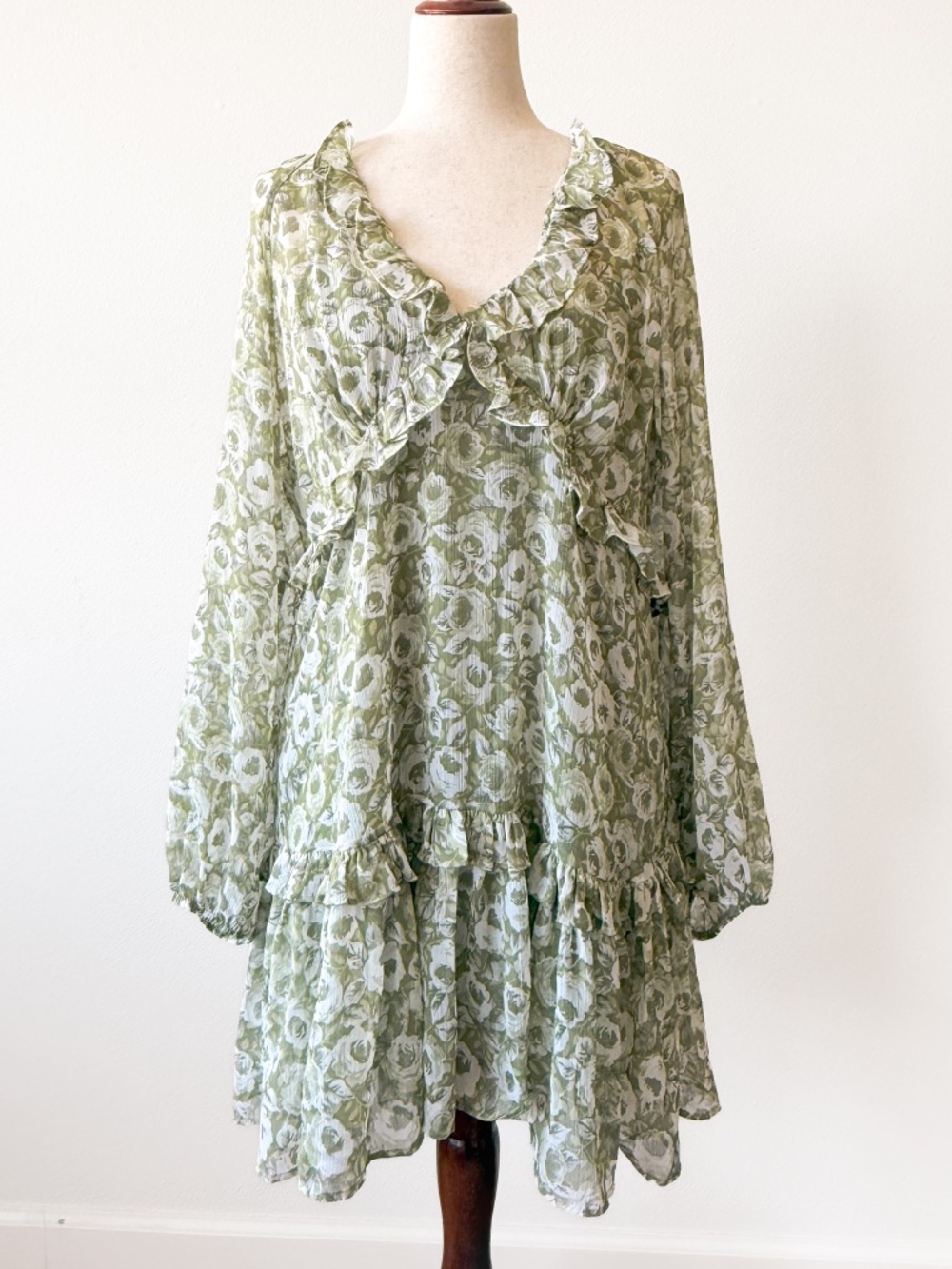 Anthropologie Green Floral Mini Dress Size L